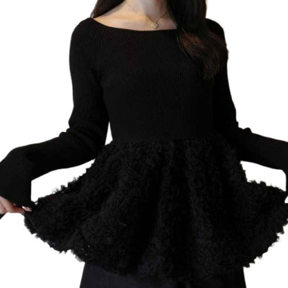 Women’s Long-Sleeve Knitted Patchwork Sweater – Floral Embroidered Casual Knit Top