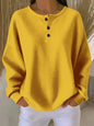 Women’s Waffle Knit Long-Sleeve T-Shirt – Solid Color Round Neck Pullover with Buttons