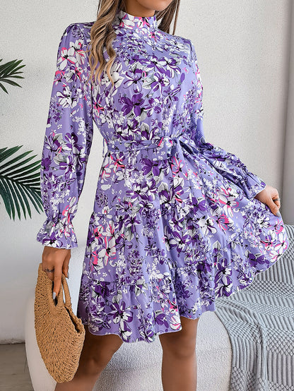 Women’s Standing Collar Floral A-Line Dress – Ruffled Long Sleeve Waist-Controlled Spring & Autumn Ruffle Edge Dress