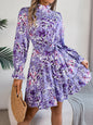 Women’s Standing Collar Floral A-Line Dress – Ruffled Long Sleeve Waist-Controlled Spring & Autumn Ruffle Edge Dress