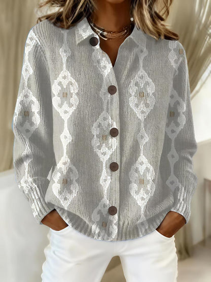 Women’s Printed Lapel Sweater – Casual Long-Sleeve Buttoned Knitted Pullover Top