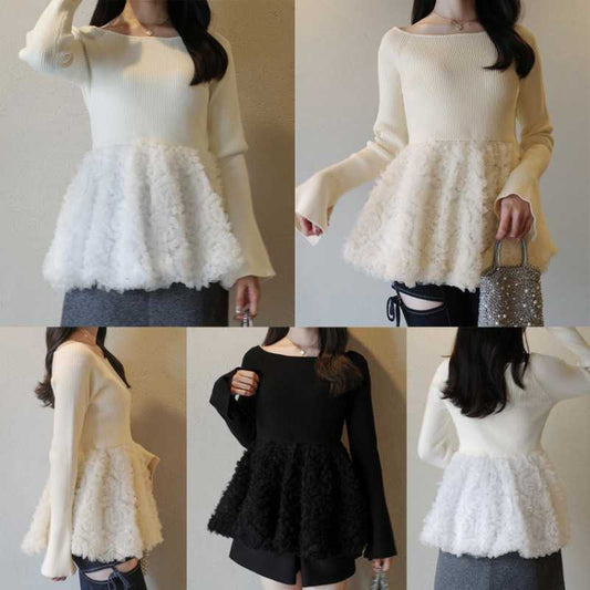 Women’s Long-Sleeve Knitted Patchwork Sweater – Floral Embroidered Casual Knit Top