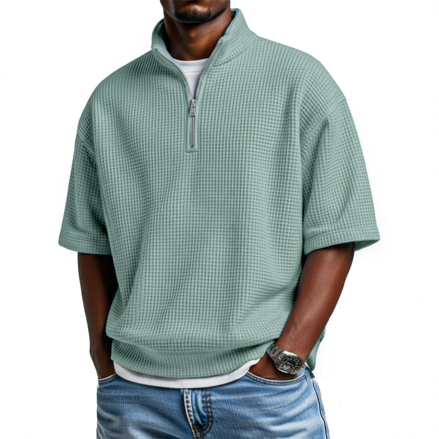 Men’s Waffle-Knit Short-Sleeve Polo Shirt – Loose-Fit Half-Zip Casual T-Shirt