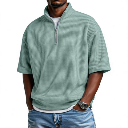 Men’s Waffle-Knit Short-Sleeve Polo Shirt – Loose-Fit Half-Zip Casual T-Shirt