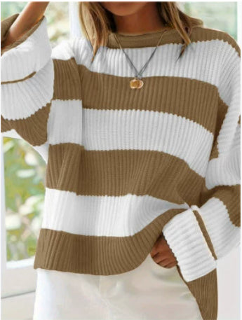 Women’s Loose Striped Sweater – Casual Long Batwing Sleeve Round Neck Pullover Knit Top