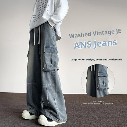 Men’s Washed Vintage Denim Pants – Wide-Leg Multi-Pocket Casual Trousers
