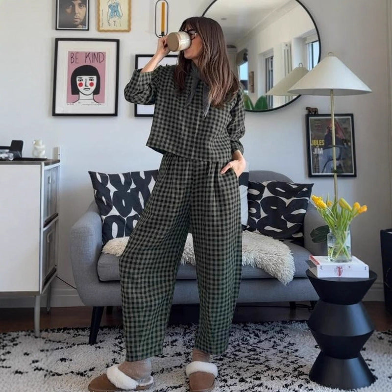 Women’s Loose Breathable Grid Long-Sleeve Vest & Pants Set.