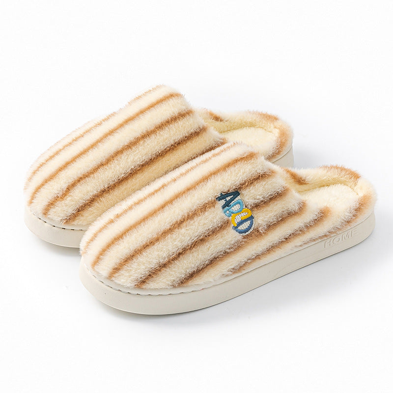 Plush Striped Winter Slippers – Warm Letter-Embroidered Indoor Home Shoes for Women & Men
