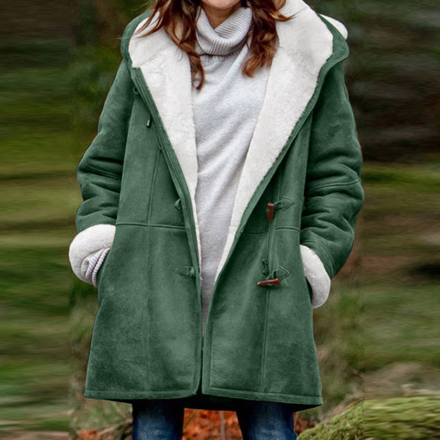 Women’s Winter Button Coat – Warm Hooded Jacket with Pockets