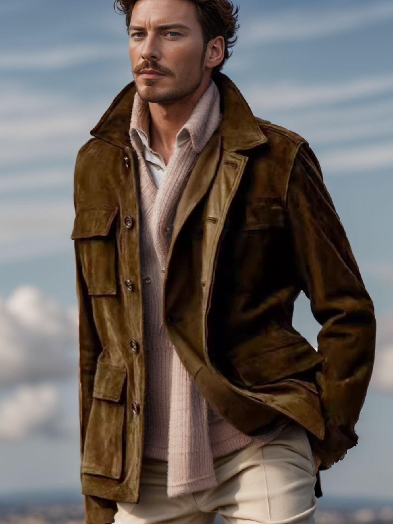 Men’s Regular Cowhide Leather Coat – Casual Trench Jacket with Multi-Pockets