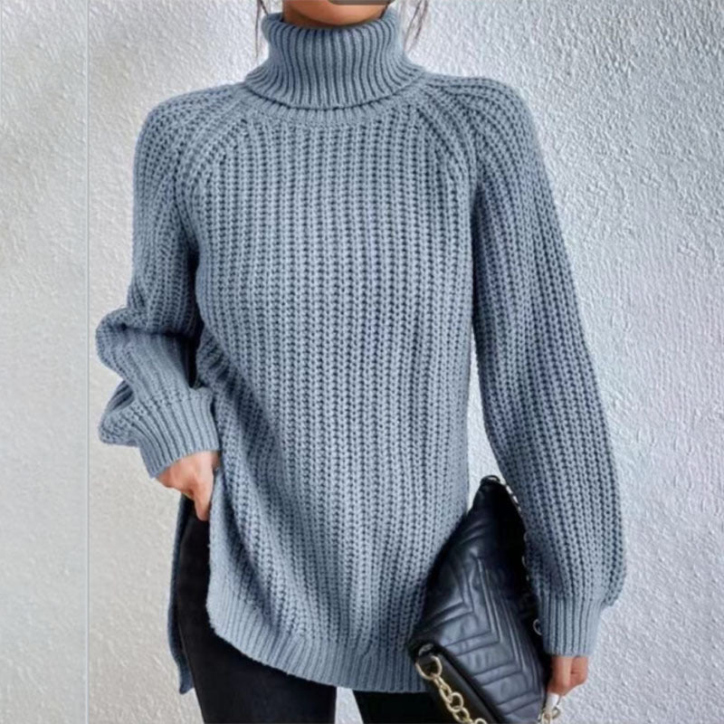 Women’s Turtleneck Pullover Sweater – Solid Color Long Sleeve Top with Split Design
