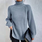Women’s Turtleneck Pullover Sweater – Solid Color Long Sleeve Top with Split Design