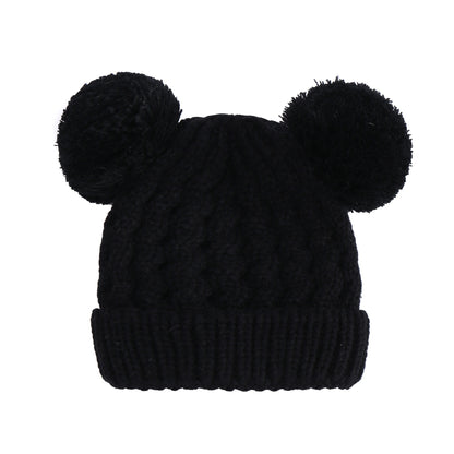 Children's Twisted Woolen Hat – Solid Color Double Ball Knit Cap