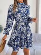Women’s Standing Collar Floral A-Line Dress – Ruffled Long Sleeve Waist-Controlled Spring & Autumn Ruffle Edge Dress