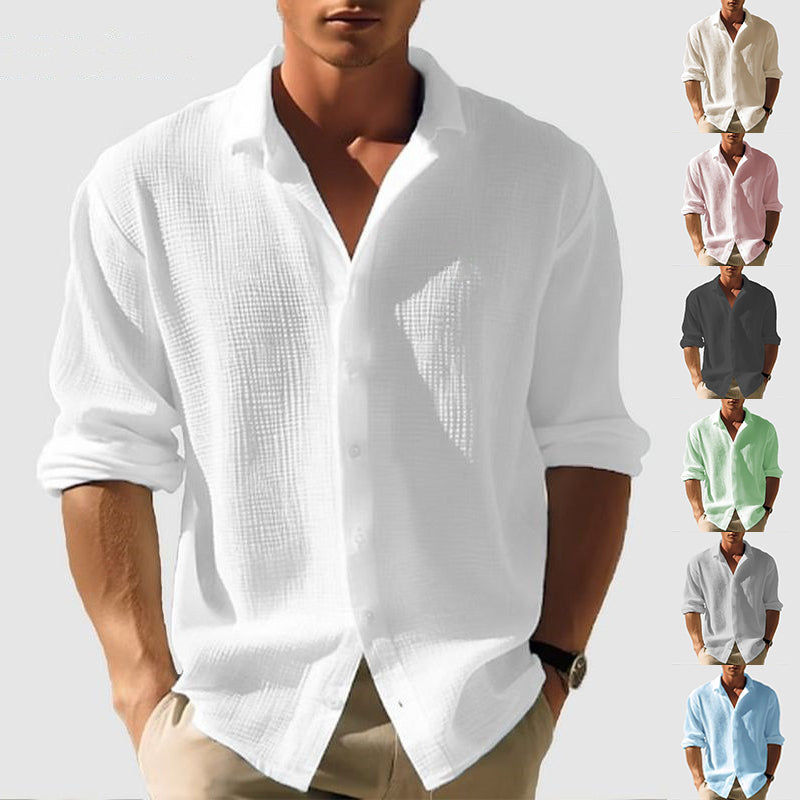 Men’s Lapel Long Sleeve Shirt – Solid Color Single-Breasted Casual Top for Fall & Spring
