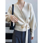 French Retro Knitted V-Neck Cardigan for Women – Handmade Spring Sweater with Tie, Loose Fit, Stylish Women's Coat