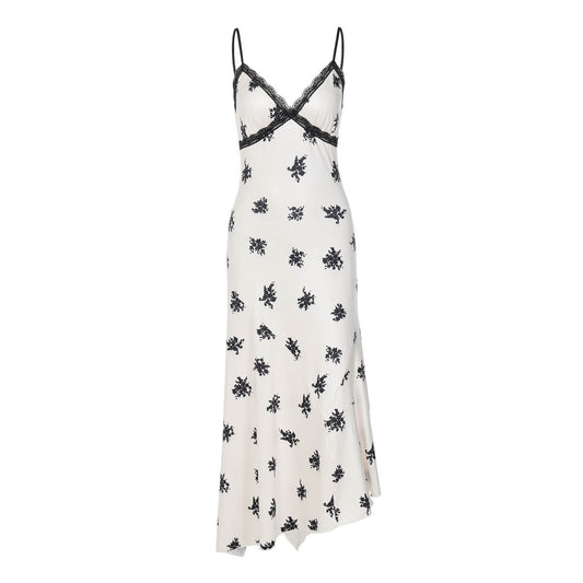 Women’s Spliced Lace V-Neck Sleeveless Printed Suspender Dress