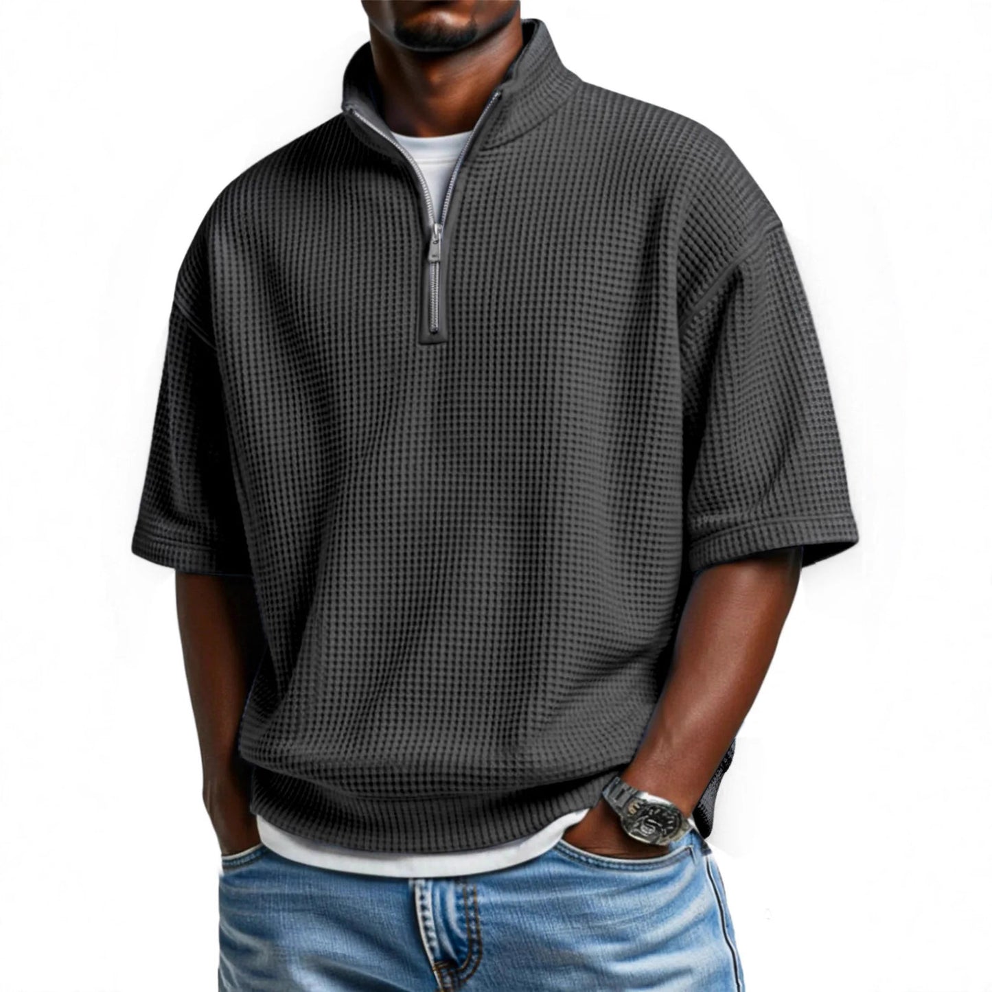 Men’s Waffle-Knit Short-Sleeve Polo Shirt – Loose-Fit Half-Zip Casual T-Shirt