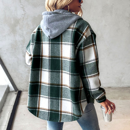 Women’s Plaid Hooded Jacket – Casual Buttoned Pocket Coat for Autumn & Winter