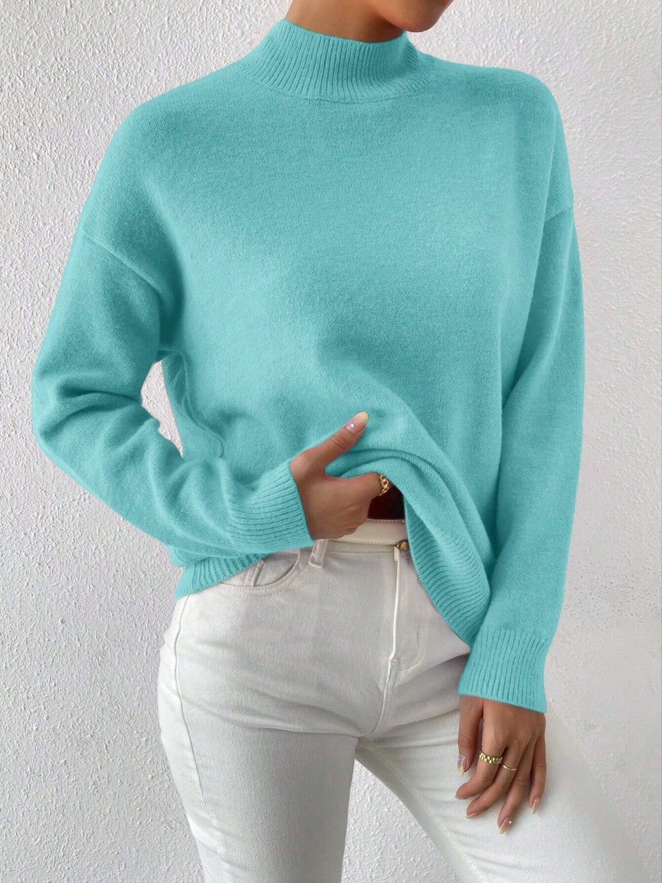 Women’s Solid Color Pullover Sweater – Mid-High Neck Long Sleeve Knitted Top