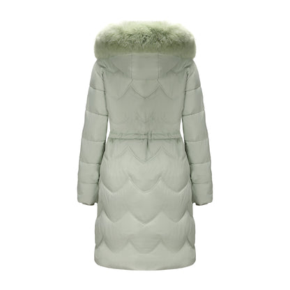 Women’s Mid-Length Cotton Coat with Big Fur Collar – Thickened Waist-Cinching Winter Jacket