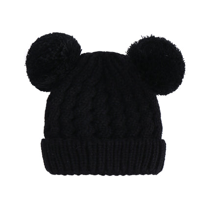 Children's Twisted Woolen Hat – Solid Color Double Ball Knit Cap
