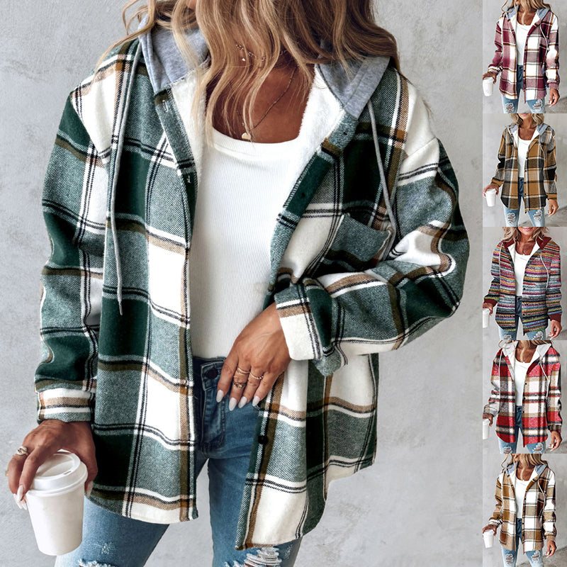 Women’s Plaid Hooded Jacket – Casual Buttoned Pocket Coat for Autumn & Winter