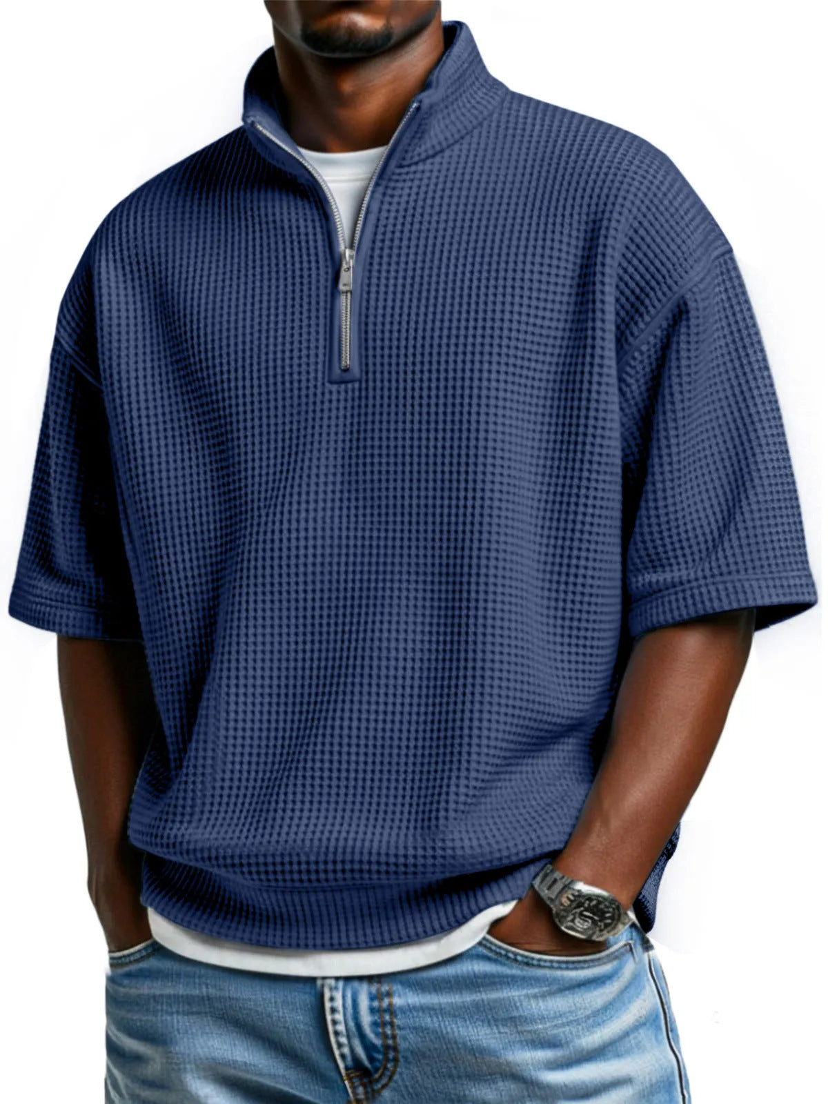 Men’s Waffle-Knit Short-Sleeve Polo Shirt – Loose-Fit Half-Zip Casual T-Shirt