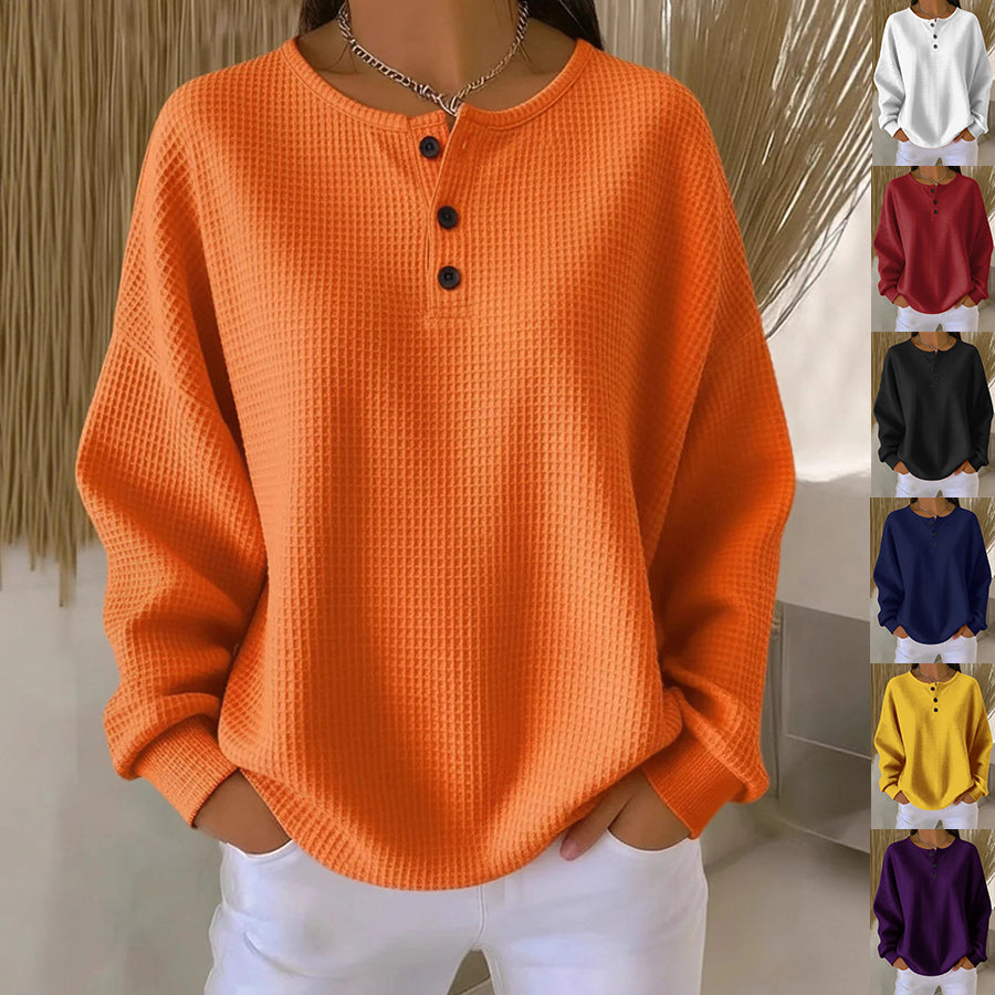 Women’s Waffle Knit Long-Sleeve T-Shirt – Solid Color Round Neck Pullover with Buttons