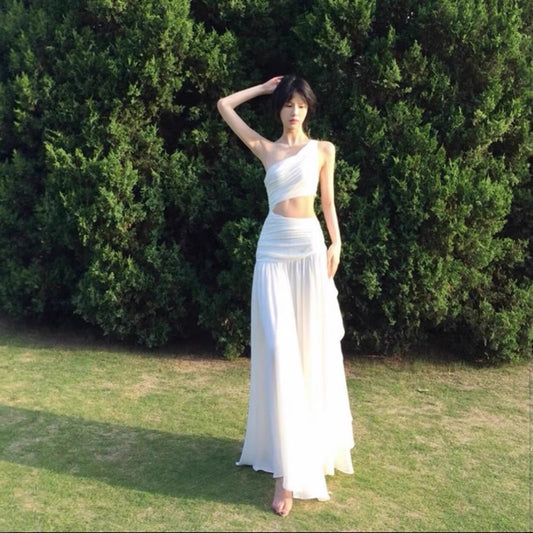 Women’s Ethereal White Long Dress – Shoulder & Waist Cut-Out Design