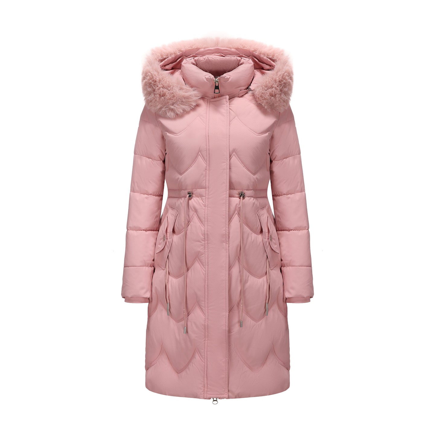 Women’s Mid-Length Cotton Coat with Big Fur Collar – Thickened Waist-Cinching Winter Jacket