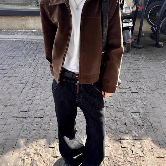 Men’s Retro Suede Polo Collar Jacket – American Vintage Casual Coat