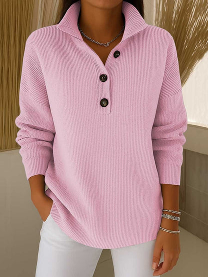 Women’s Printed Lapel Sweater – Casual Long-Sleeve Buttoned Knitted Pullover Top