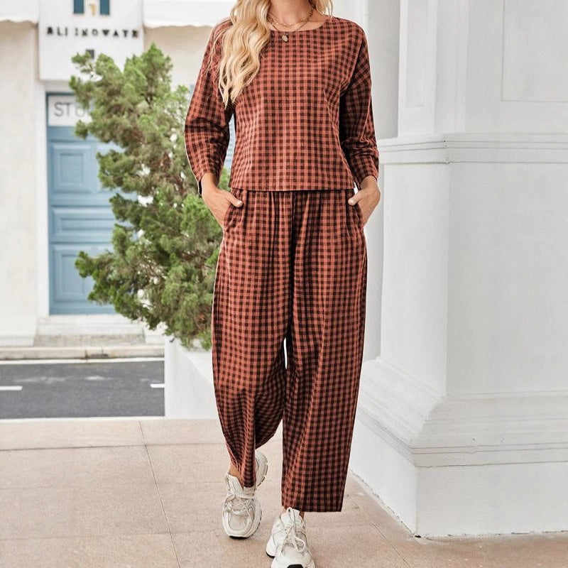 Women’s Loose Breathable Grid Long-Sleeve Vest & Pants Set.