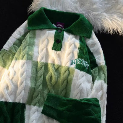 Women’s Contrast-Color Cable-Knit Sweater with Turn-Down Collar – Casual Knitwear