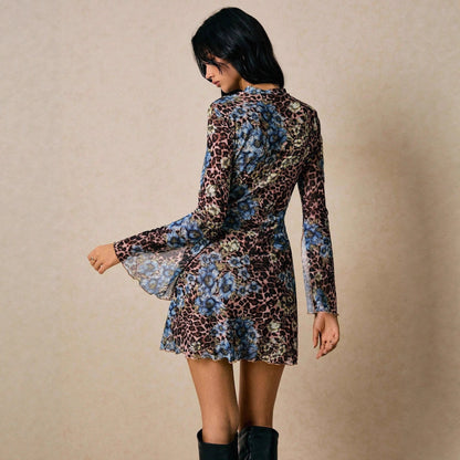 Women’s Slim Fit Mesh Slit Trumpet Long Sleeve Dress – Double-Layer Round Neck