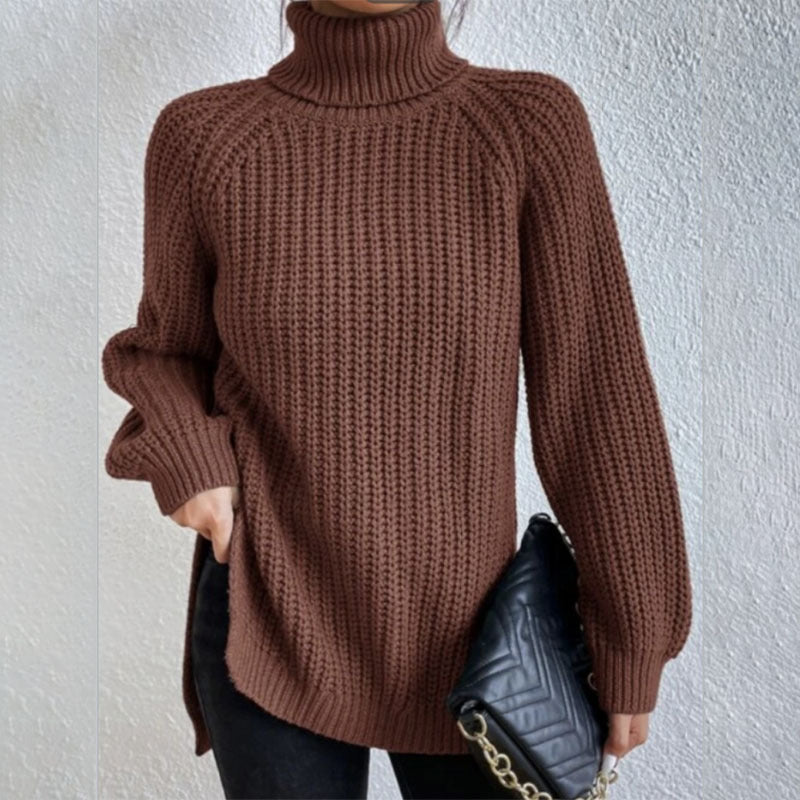 Women’s Turtleneck Pullover Sweater – Solid Color Long Sleeve Top with Split Design