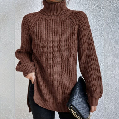 Women’s Turtleneck Pullover Sweater – Solid Color Long Sleeve Top with Split Design