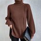 Women’s Turtleneck Pullover Sweater – Solid Color Long Sleeve Top with Split Design