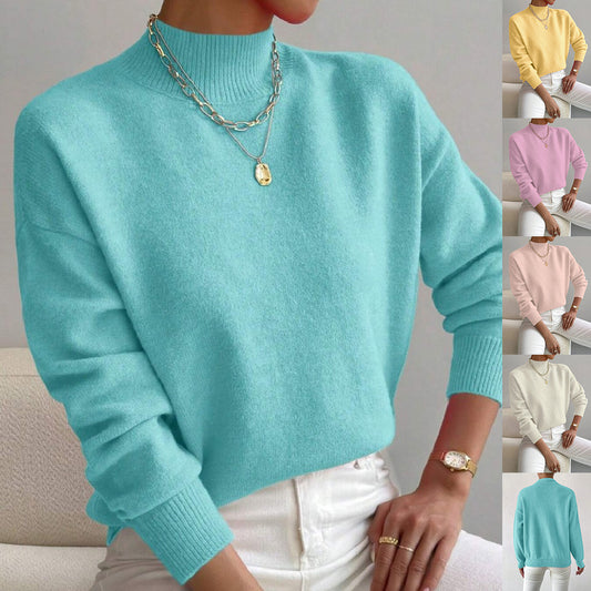 Women’s Solid Color Pullover Sweater – Mid-High Neck Long Sleeve Knitted Top