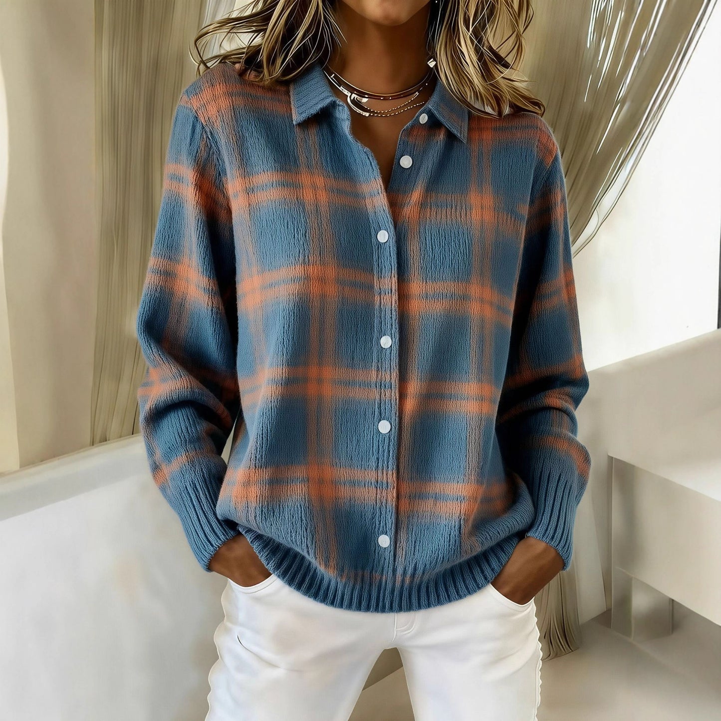 Women’s Printed Lapel Sweater – Casual Long-Sleeve Buttoned Knitted Pullover Top