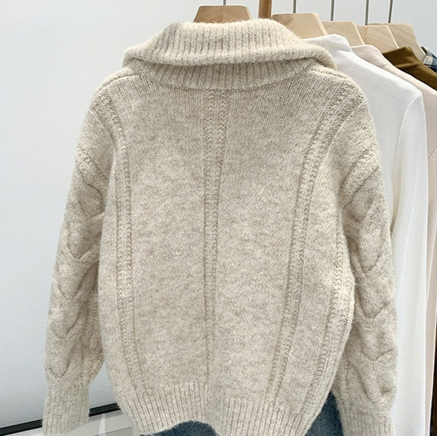 Women’s Korean-Style Cable Knit Sweater Coat – Double Zipper Outerwear
