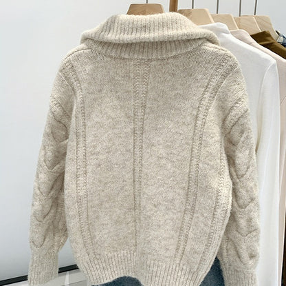 Women’s Korean-Style Cable Knit Sweater Coat – Double Zipper Outerwear