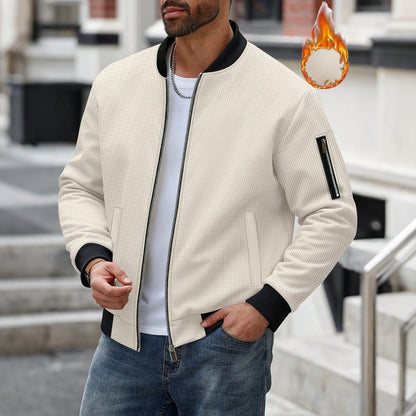 Men’s Waffle Knit Cardigan – Thick Stand Collar Zipper Coat with Pockets