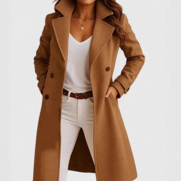 Women’s Single-Breasted Mid-Length Coat with Pockets – Elegant Lapel Jacket, Casual Long-Sleeve Fashion Outerwear
