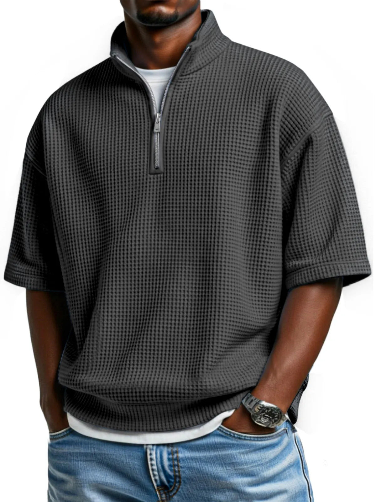 Men’s Waffle-Knit Short-Sleeve Polo Shirt – Loose-Fit Half-Zip Casual T-Shirt