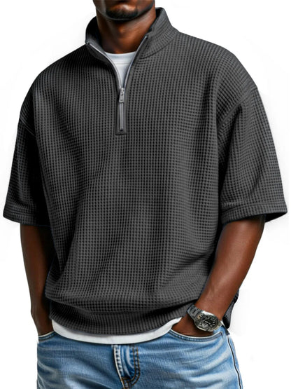 Men’s Waffle-Knit Short-Sleeve Polo Shirt – Loose-Fit Half-Zip Casual T-Shirt