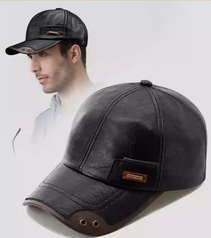 Winter Leather Baseball Cap – Warm Fleece-Lined Windproof and Snowproof Hat