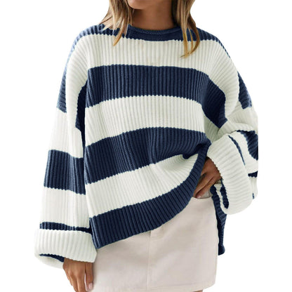 Women’s Loose Striped Sweater – Casual Long Batwing Sleeve Round Neck Pullover Knit Top