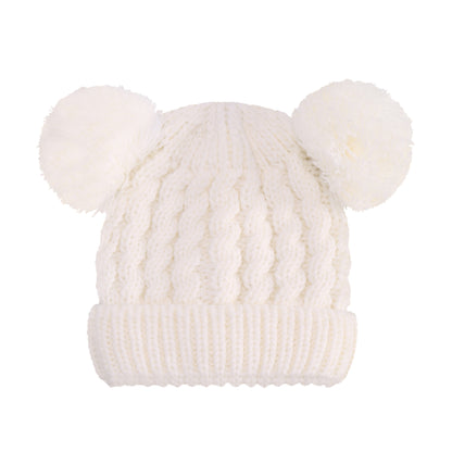 Children's Twisted Woolen Hat – Solid Color Double Ball Knit Cap